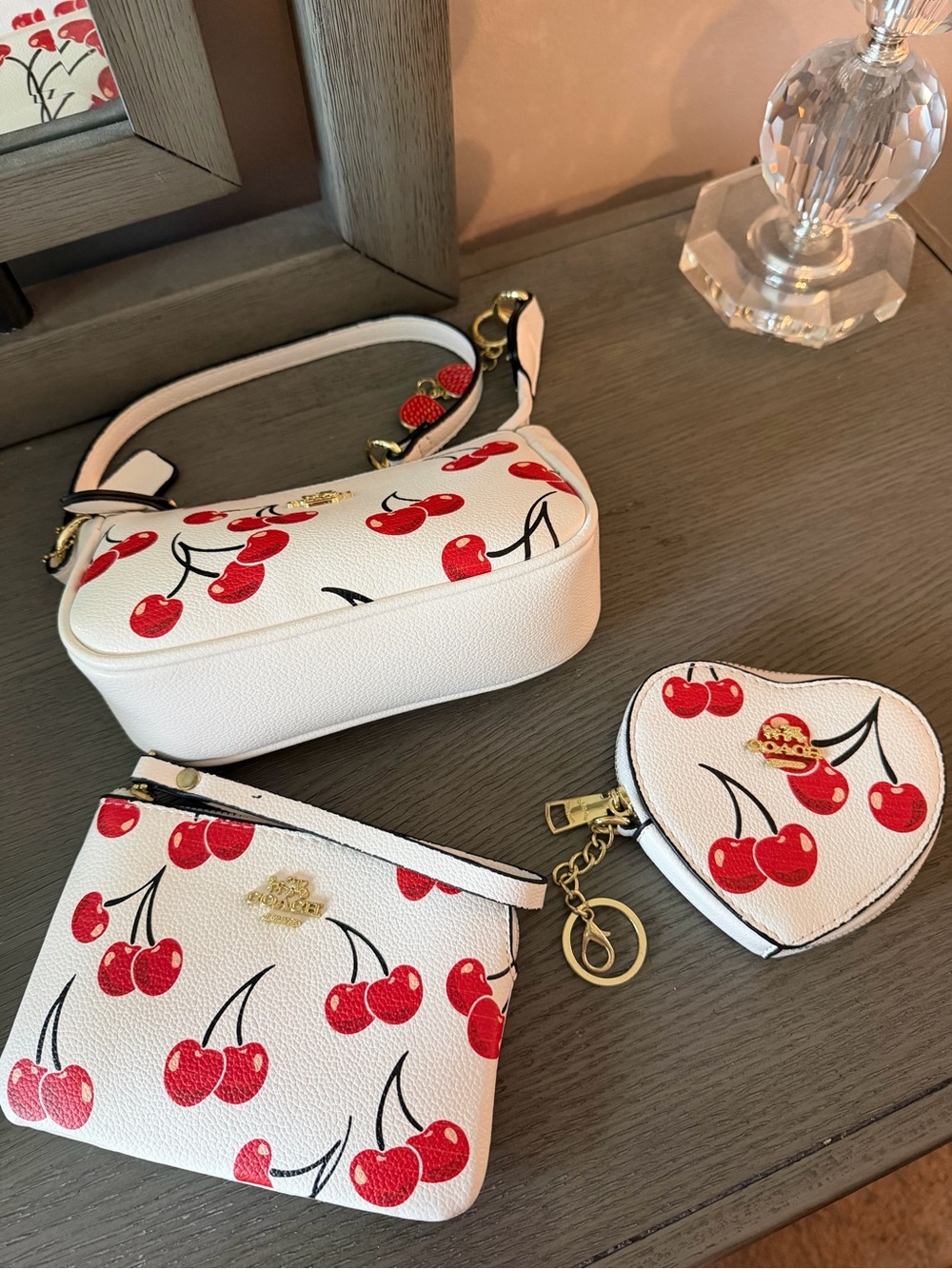 Coach Cherry Print Nolita 19 Shoulder Purse Trio Bundle Heart Wristlet - Picture 9 of 16